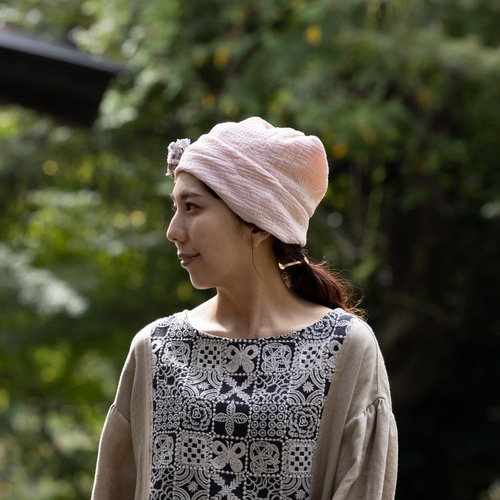 医療用ケア帽子ハンドメイド ふんわりガーゼ一重 くすみピンク