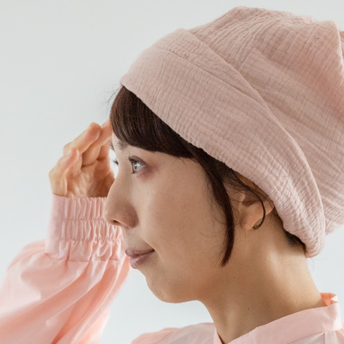 医療用ケア帽子ハンドメイド くすみピンクふんわりガーゼ一重