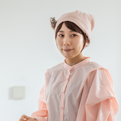 医療用ケア帽子ハンドメイド ふんわりガーゼ一重 くすみピンク