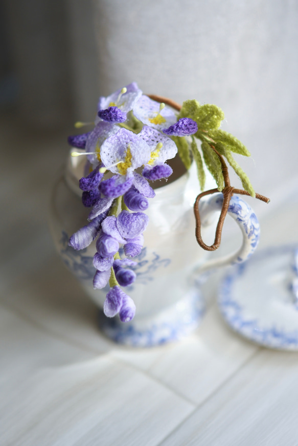 【受注制作20日】ブローチ　あの日の笑み、藤の花　手編み　レース編み 7枚目の画像