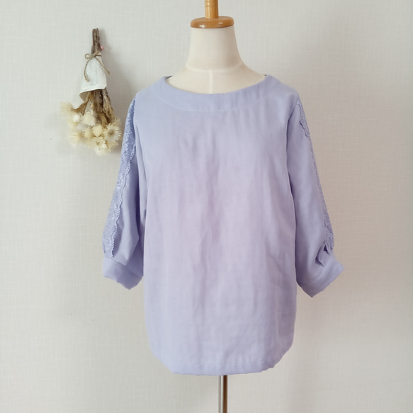レース袖のカフス ブラウス　ライラック　柔らかダブルガーゼ 4枚目の画像