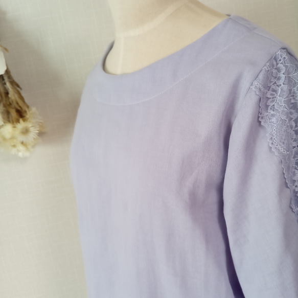 レース袖のカフス ブラウス　ライラック　柔らかダブルガーゼ 8枚目の画像