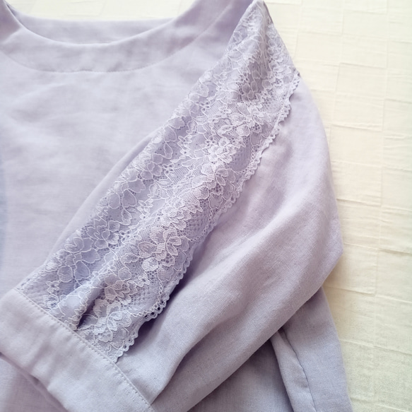 レース袖のカフス ブラウス　ライラック　柔らかダブルガーゼ 3枚目の画像