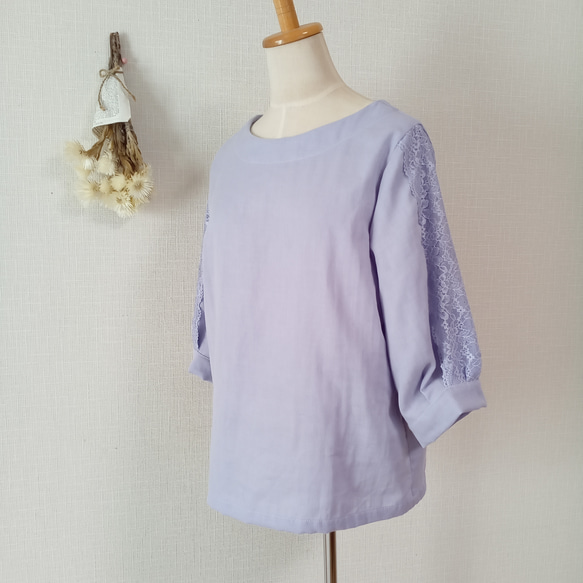 レース袖のカフス ブラウス　ライラック　柔らかダブルガーゼ 5枚目の画像