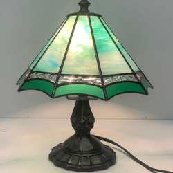 ステンドグラス10面体ランプ/青緑系 ステンドグラスランプ 卓上ランプ