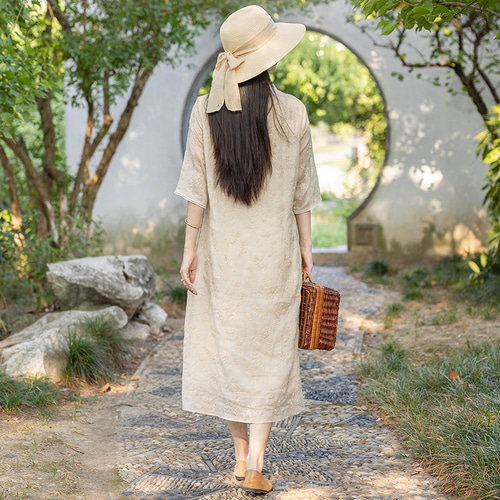 麻 チャイナドレス ワンピースリネン ロングワンピース 白 ワンピース