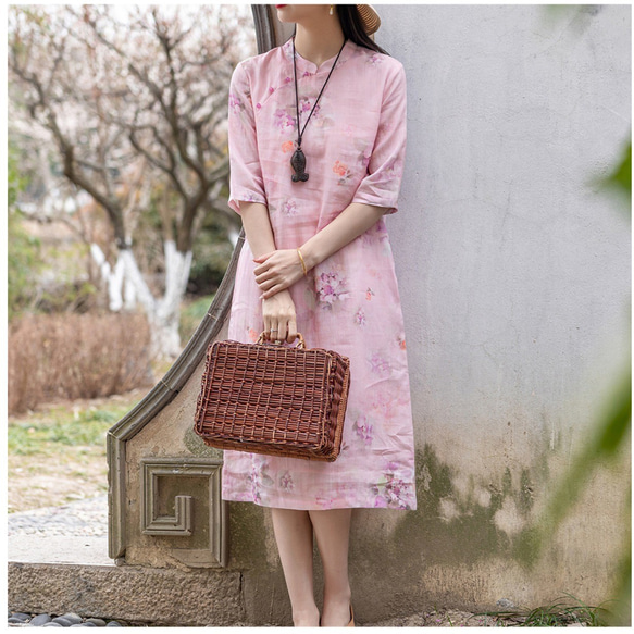 桜 ワンピース リネンワンピース シャツワンピース サクラ染め 植物染  