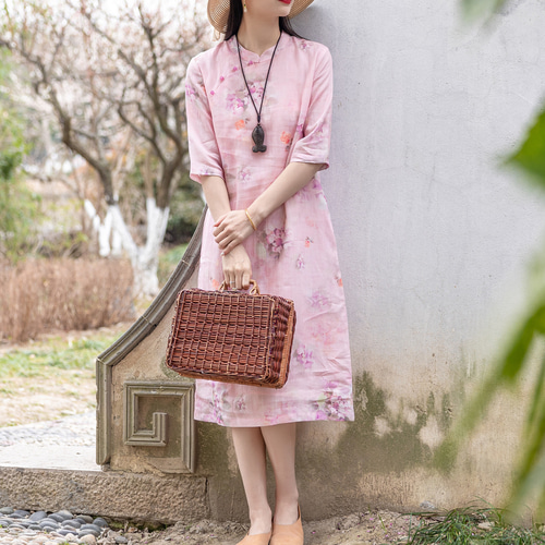 桜 ワンピース リネンワンピース シャツワンピース サクラ染め 植物染