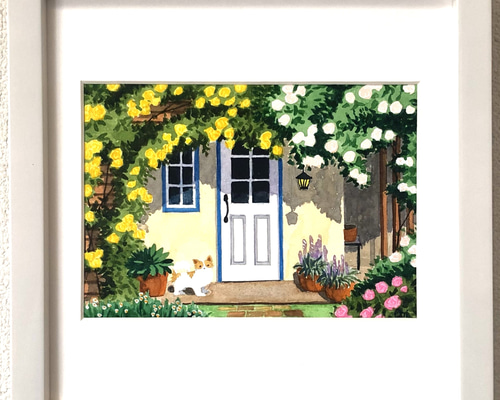 透明水彩画　原画　「ローズハウス」額縁付　A4サイズ　風景画 21c5316450114ecd709ae4692e540d