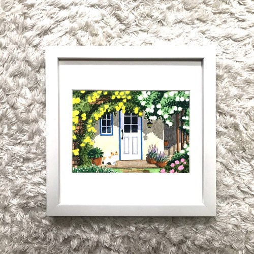 ローズハウス07」透明水彩画 原画 風景画 額縁付 2Lサイズ 絵画