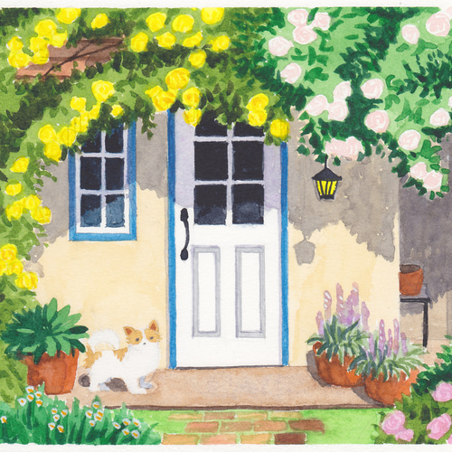 透明水彩画　原画　「ローズハウス」額縁付　A4サイズ　風景画 ローズハウス07」透明水彩画 原画 風景画 額縁付 2Lサイズ 絵画