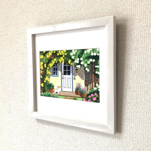 透明水彩画　原画　「ローズハウス」額縁付　A4サイズ　風景画 ローズハウス07」透明水彩画 原画 風景画 額縁付 2Lサイズ 絵画