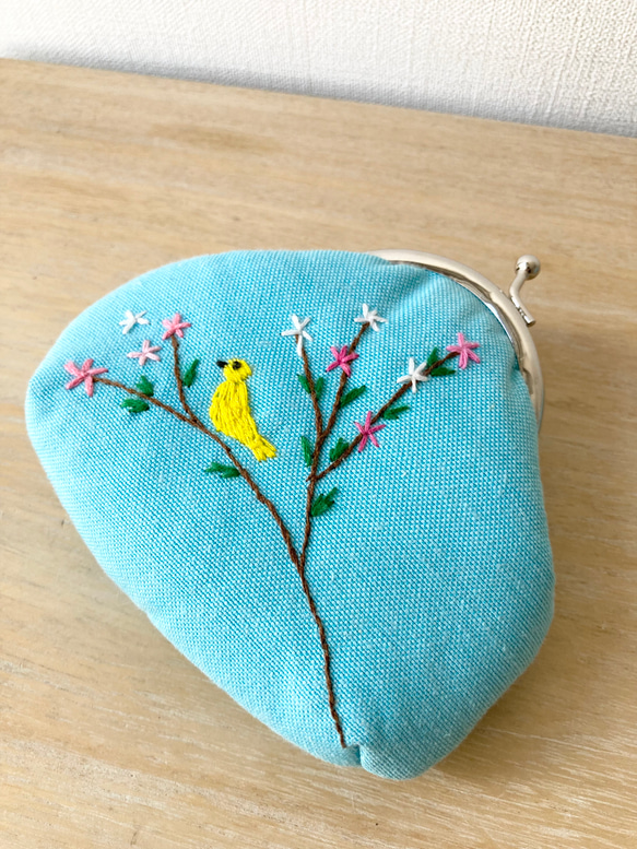 がま口 ポーチ 刺繍 トルコ ライトブルー 鳥柄 ハンドメイド 3枚目の画像