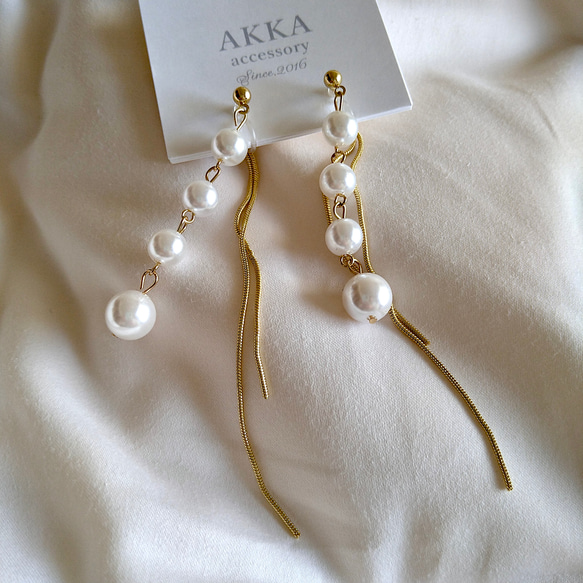 Gold◆Pearl&chain earrings ゴールドカラー◆パールとチェーンのイヤリング　痛くない樹脂イヤリング 15枚目の画像