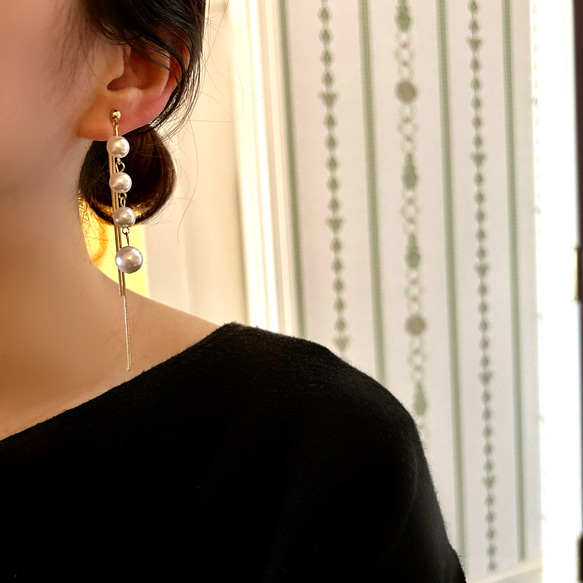 Gold◆Pearl&chain earrings ゴールドカラー◆パールとチェーンのイヤリング　痛くない樹脂イヤリング 8枚目の画像