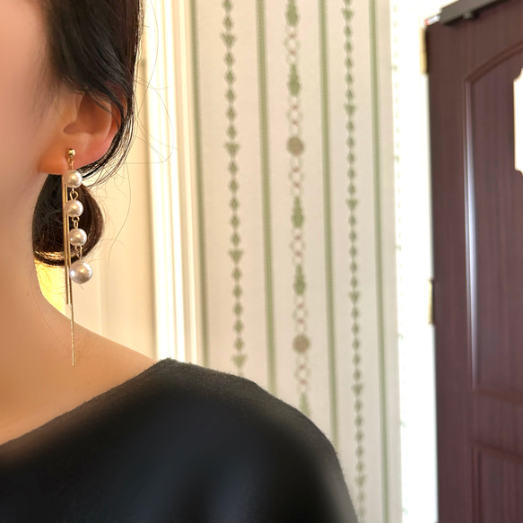 Gold◆Pearl&chain earrings ゴールドカラー◆パールとチェーンのイヤリング　痛くない樹脂イヤリング 11枚目の画像