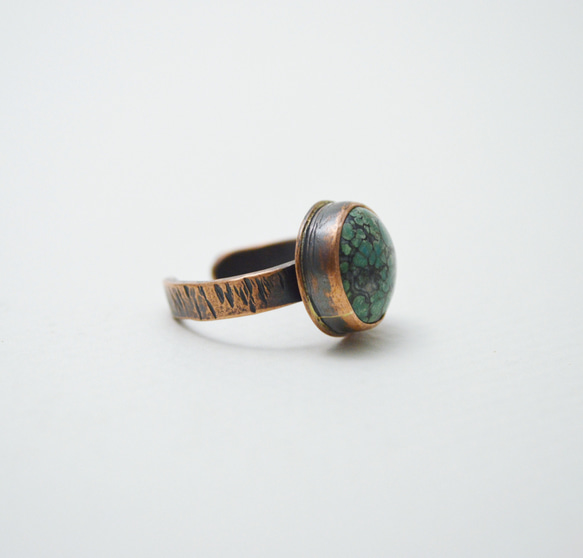 簡單系列-綠松石‧硫化鍛敲紅銅開放戒圍戒指‧no 3 第2張的照片