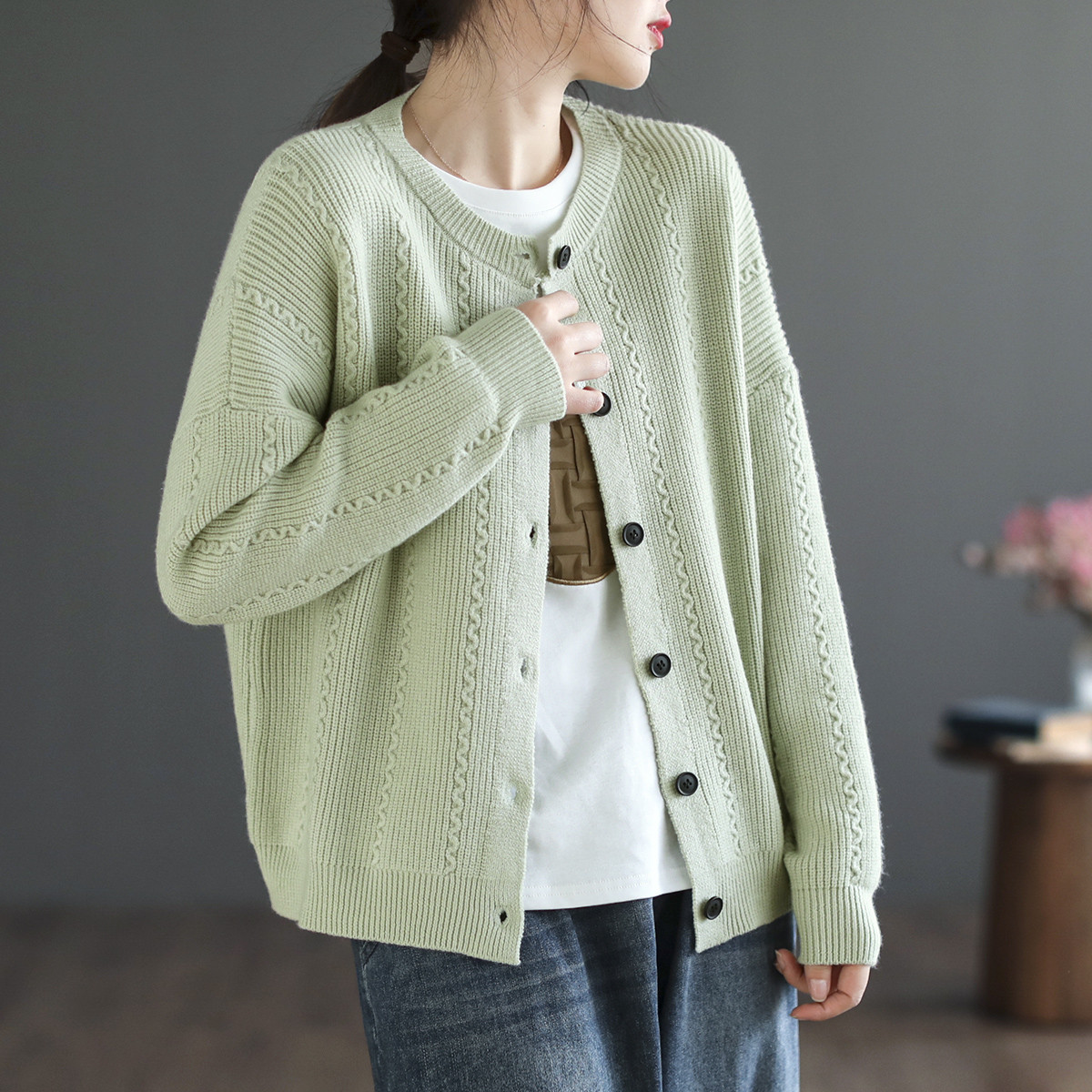 b4336【LA MAILLE】レディース　ニットカーディガン　長袖　緑　9号