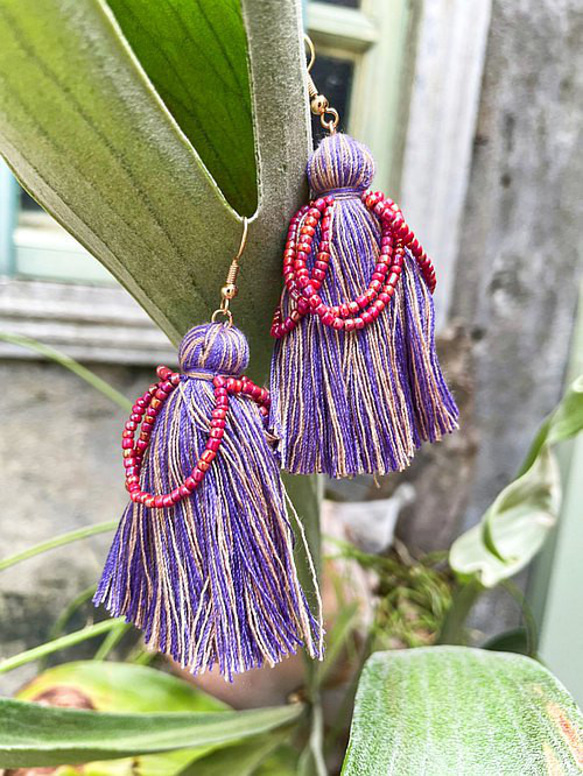 手編棉線流蘇串珠個性耳環  設計飾品 氣質垂墜耳飾 925銀針 Tassel Earrings 第9張的照片