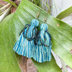 手編棉線流蘇串珠個性耳環  設計飾品 氣質垂墜耳飾 925銀針 Tassel Earrings 第2張的照片