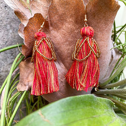 手編棉線流蘇串珠個性耳環  設計飾品 氣質垂墜耳飾 925銀針 Tassel Earrings 第6張的照片