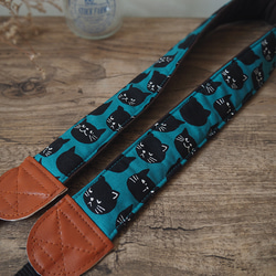 手作減壓相機背帶 相機背繩 手機帶 (藍綠底黑色貓咪) S63 第2張的照片