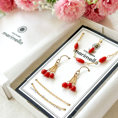 14kgf*サルディーニャ産赤珊瑚のネックレス＆ピアス／イヤリング＊アジャスター付き ネックレス・ペンダント marimello  通販｜Creema(クリーマ) 15643890