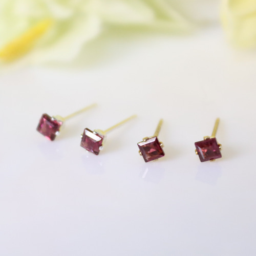 14KGF ロードライトガーネット 3mm スクエア 一粒 ピアス ピアス
