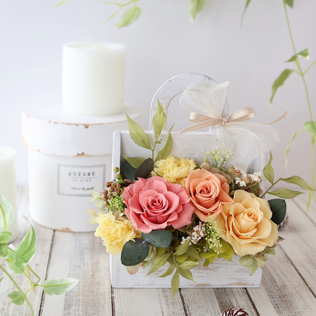 母の日にお贈るナチュラルウッドバッグアレンジ オレンジ 退職祝い ギフト 誕生日 プレゼント 贈り物 還暦祝い