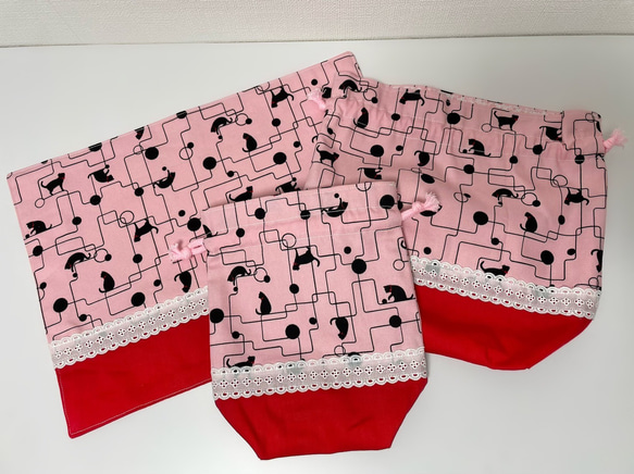 お値下げ　入園入学準備セット　クロネコのランチ三点セット　ピンク　No.33 2枚目の画像