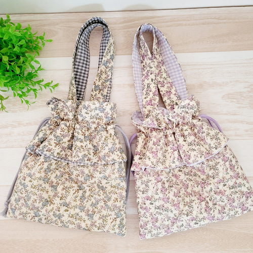 持ち手付きフリル巾着袋 ムーンモス キルティング 巾着バッグ funwari