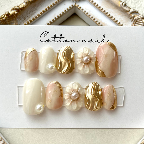 ネイルチップオーダー ニュアンス ぷっくりフラワー ミラー 振袖