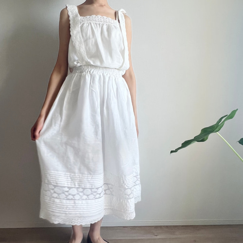 レースリネン・サスペンダースカート(白) ロングスカート