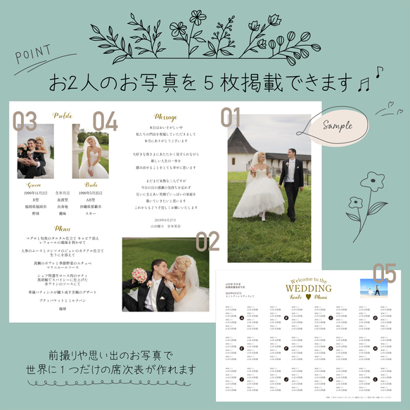 【1部200円】結婚式　ペーパーアイテム　席次表　プロフィールブック　メニュー表　A4  三つ折り　写真入り 2枚目の画像