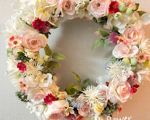 NO７  ピンクとパールのシンプルフラワーリース゜.*❁ No.89フラワーリース 玄関リース 上品 バラ ホワイト ピンク - メルカリ