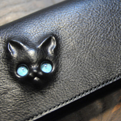 黒猫の長財布（表革：VACCHETTA800、仮セット猫目：アクアマリンeyes）約252ｇ 猫目選べます♪ 2枚目の画像