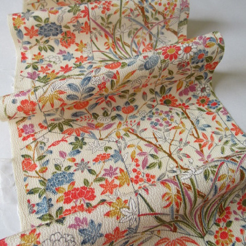 ベージュ 本加賀友禅 亀甲に四季花模様 正絹 丹後ちりめん No.68-5  