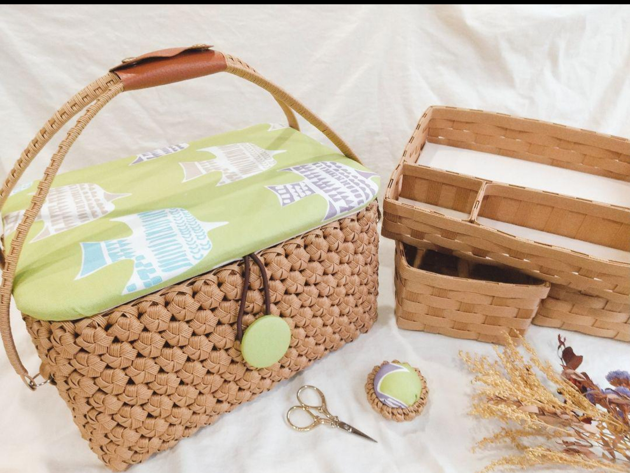 受注製作 裁縫箱   たちばさみサイズ 花結び【バード グリーン】針刺し クラフトバンド