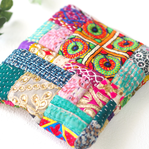 限定1点】ラリーキルトとインドリボンのカラフルポーチ（カンタキルト