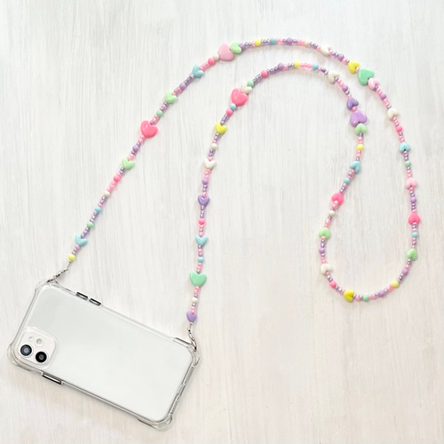 ハート ストラップ ピンク パープル ビーズ スマホショルダー