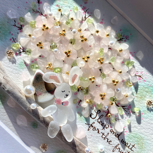 お昼寝うさぎ〜桜〜 シーグラス／天然石／フレームアート