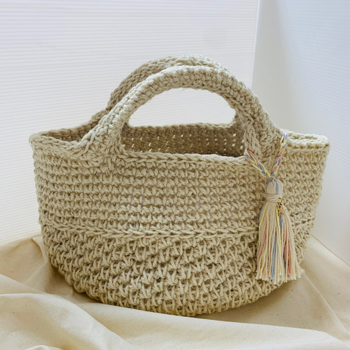受注制作】麻紐バッグ かごバッグ ホワイト ♡タッセルつき♡ かご  