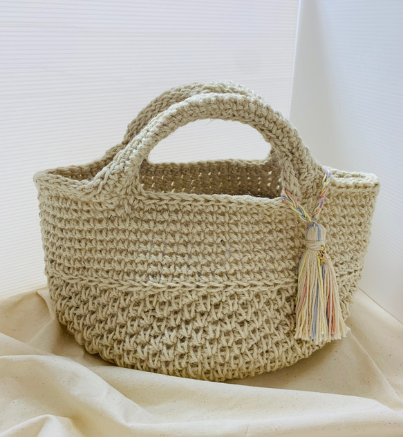 受注制作】麻紐バッグ かごバッグ ホワイト ♡タッセルつき♡ かご  