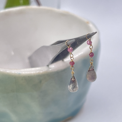 Pecopo 4 日本製K18 天然石 ラブラドライト ピンクトルマリン ピアス