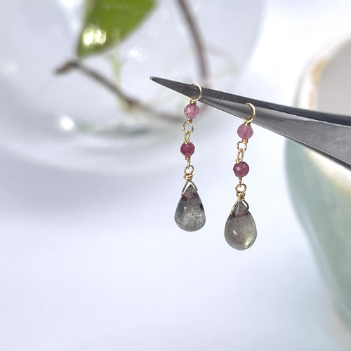 Pecopo 4 日本製K18 天然石 ラブラドライト ピンクトルマリン ピアス