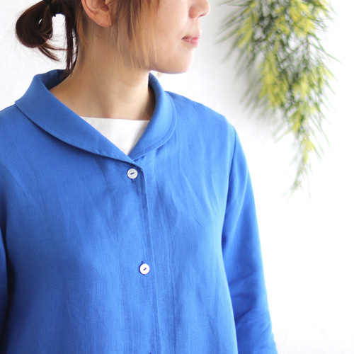 美品！100%リネン　ロイヤルブルー春コート 春夏秋と役立つ一枚 リネンショールカラー ジャケットコート