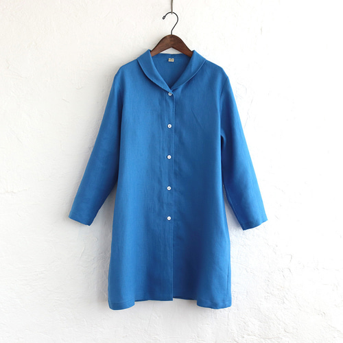 美品！100%リネン　ロイヤルブルー春コート 春夏秋と役立つ一枚 リネンショールカラー ジャケットコート