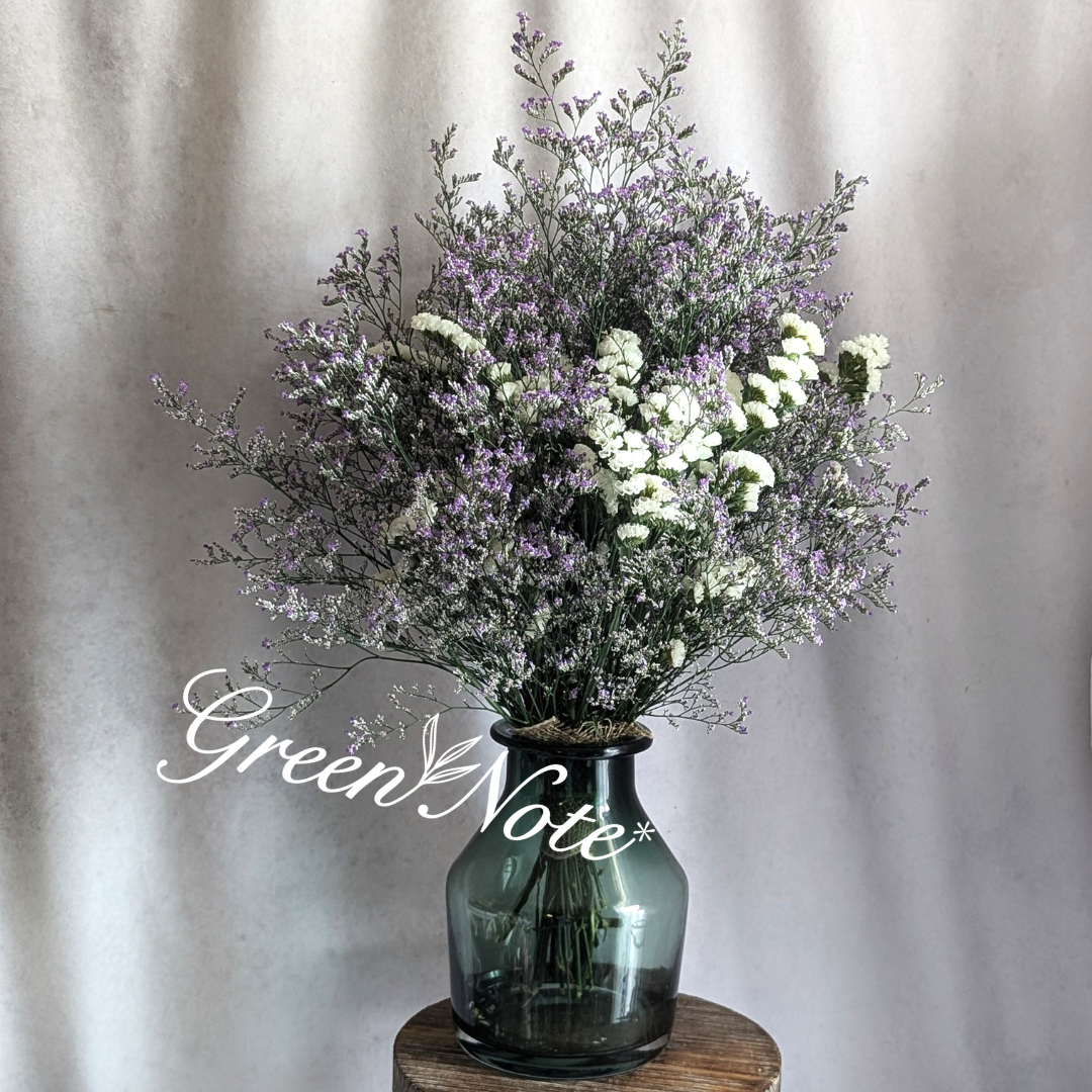 ブルーファンタジアとスターチスのガラスベース付きドライフラワーアレンジメント＆スワッグLL　２WAY