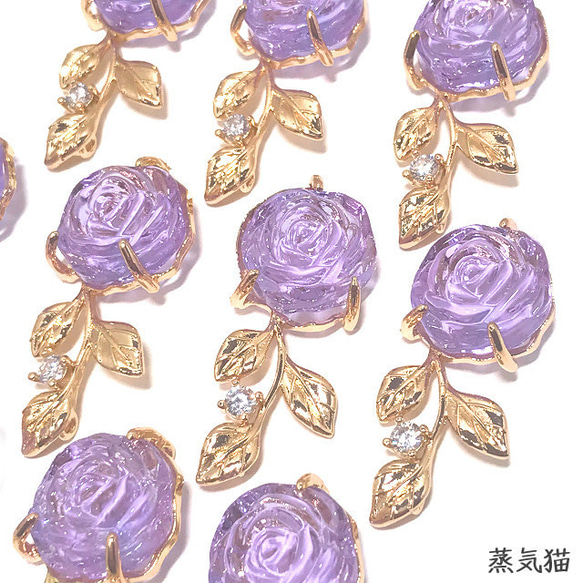 コネクター】薔薇の花 ガラスチャーム パープル 2個【バラ花ピアス