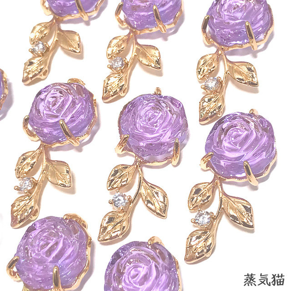 コネクター】薔薇の花 ガラスチャーム パープル 2個【バラ花ピアス